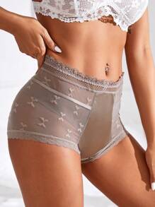 4 pièces Culottes sexy à taille haute en maille transparente avec bordure en dentelle
