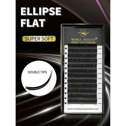 Winky Beauty 8-15毫米椭圆形扁平假睫毛，自然柔软蚕丝，经典浓密单根款，12排，每排0.15毫米/0.20毫米，单根嫁接，优质钢丝，哑光黑，适合专业美睫师使用，睫毛簇，睫毛条，单根假睫毛