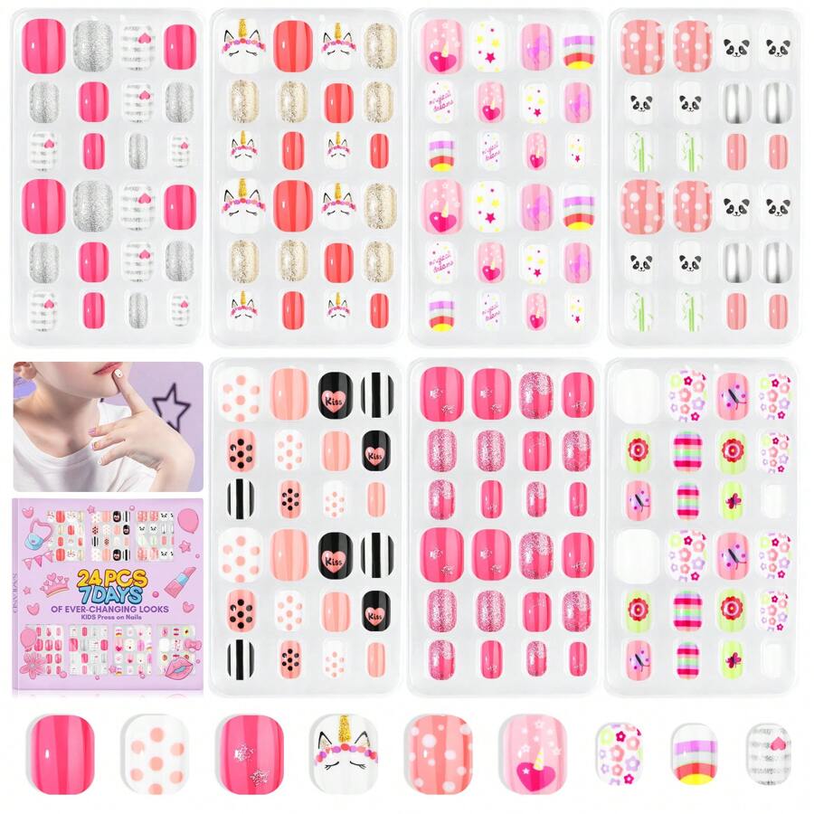 SAVILAND 168Pcs 7 Pack Press On Nails For Kids Children Fake Nails Stick On Nails Pre-Glue Full Cover Glitter Gradient Color Star Short Acrylic Nail Tips Nail Art Christmas Gifts For 8-12 Year Kids - 兒童指甲按壓01 - 查看 1