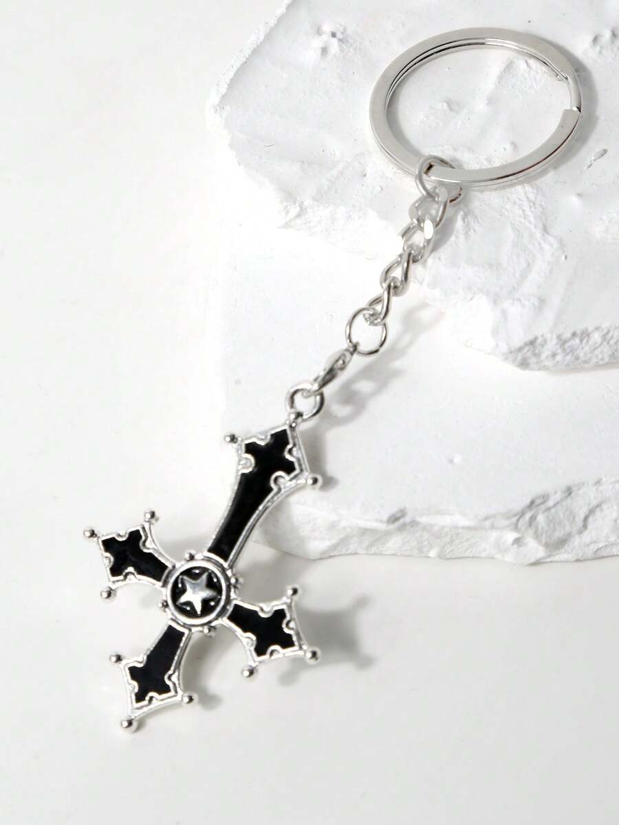1pc 男女皆適用時尚合金哥德式十字星鑰匙扣,庞克十字鑰匙扣,哥德式復古十字鑰匙鏈或十字垂吊墜,適用於手提包配件,手機吊飾,鑰匙鏈,汽車鑰匙鏈,祝福鑰匙圈,提供給朋友男女之禮物。 - 黑色 - 查看 1