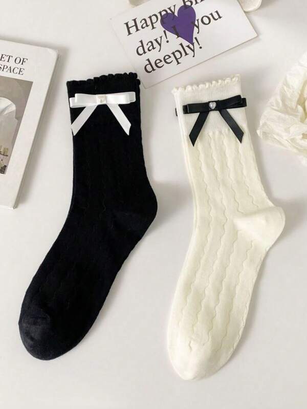 2pairs Women's Fashionable Pearl Decorated Frilled Ankle Socks With Bowknot, Spring/Summer Style