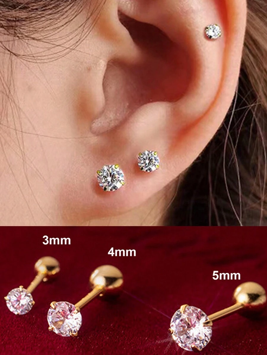 3pcs Bông tai stud Đối với phụ nữ , Sáng bóng Khối Zirconia  Mạ vàng 18K Thép không gỉ Hoa tai Đối với Xoắn ốc Hạt tai Xuyên - Vàng - Xem 1