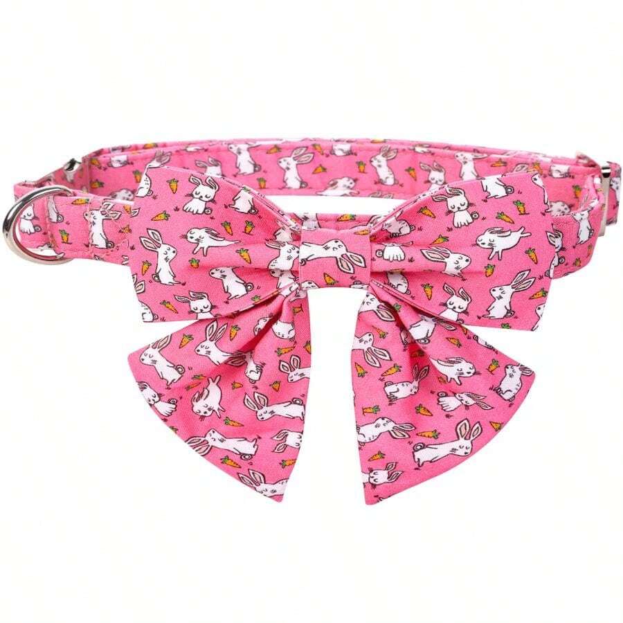 1套新的復活節兔限量版腮紅兔寵物狗,室內外適用的布項圈配有銀色扣和蝴蝶領結的組合 - 粉色 - 查看 1