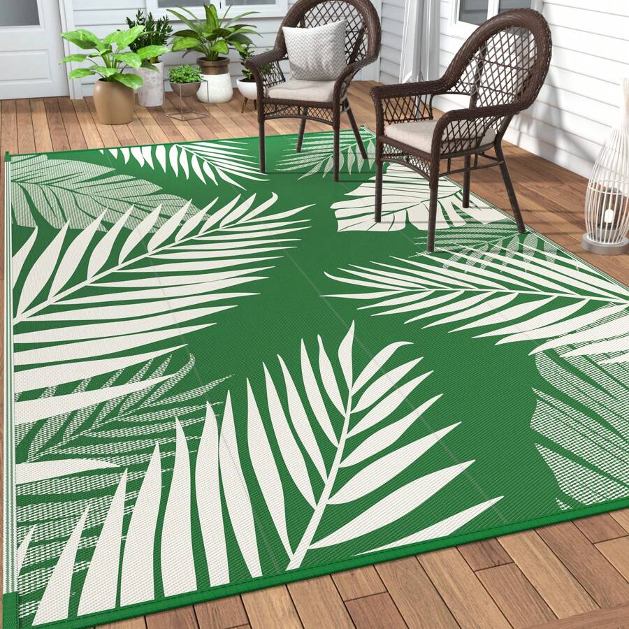 GENIMO Outdoor Rug Waterproof For Patios Clearance, Reversible Outdoor Plastic Straw Camping Rug Carpet, Large Area Rugs Mats For RV, Camper, Deck, Balcony, Porch, Beach, Picnic, Grey&White - 深綠色&白色 - 查看 1