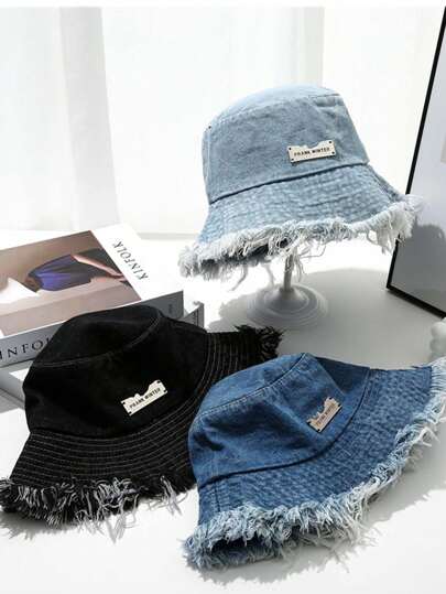 Gorro de cubo de mezclilla para mujer, gorro de cubo lavado con etiqueta pequeña, protección solar, sección liviana y de verano