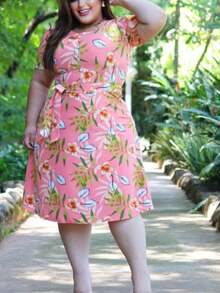Vestido plus size godê rodado mídi no joelho social evangélico moda cristã modesta - Coral - Visão 3