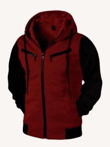 Men Zip-Up Hoodies - 酒紅色 - 查看 2