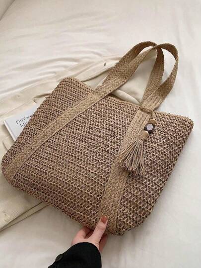 Bolsa de playa para mujer,Bolso De Playa Grande De Paja Tejida Ligera Y Portátil,Bolso de paja de dos tonos para viajes de vacaciones en la playa, perfecto para vacaciones de verano en la playa, viajes diarios, viajes, vacaciones, compras en la calle