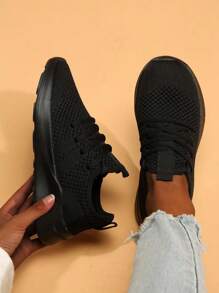 女鞋女士運動鞋輕便時尚運動網球運動健身黑色休閒鞋橡膠鞋底跑步鞋 - 黑色 - 查看 4