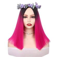 漸變黑色至熱粉色鬆緊波波頭假髮,女士肩長直髮中分防燙（黑色轉粉色） - 玫紅色 - 查看 7