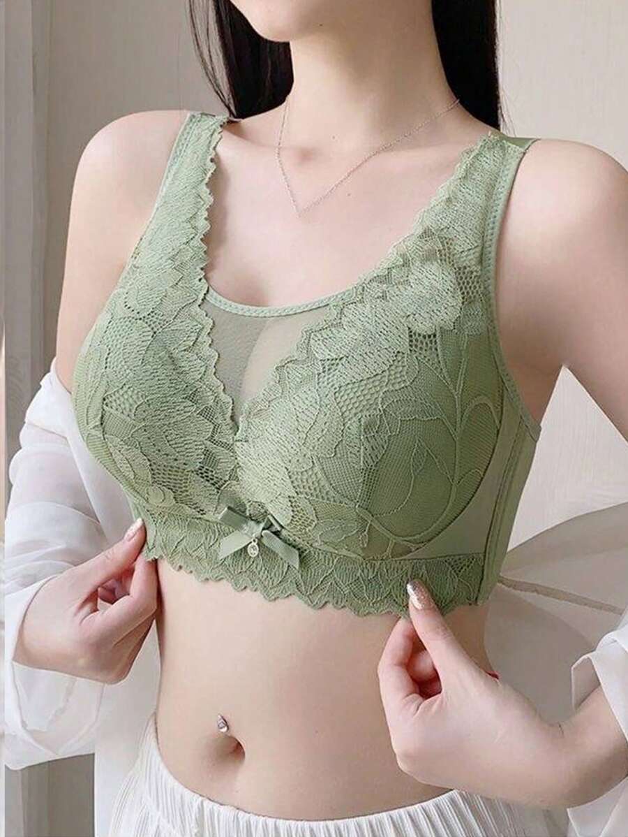 簡約實心花邊蝴蝶結胸罩,舒適透氣全覆蓋無鋼圈胸罩,女式內衣蕾絲內衣