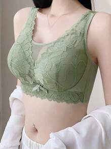 簡約實心花邊蝴蝶結胸罩,舒適透氣全覆蓋無鋼圈胸罩,女式內衣蕾絲內衣