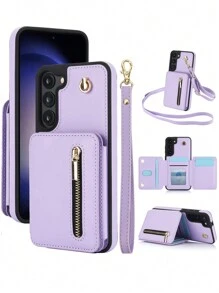 Vỏ điện thoại dạng ví đeo chéo Tương thích với Samsung Galaxy S24 S23 S22 S21 Plus Ultra Có dây đeo tay, Da PU có khe cắm thẻ tín dụng Giá đỡ chân đế Vỏ túi điện thoại chống sốc - Màu tím hoa cà - Xem 2