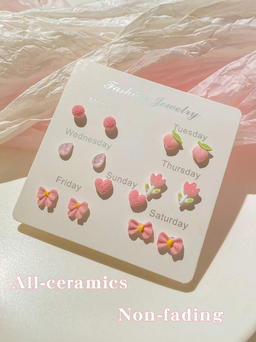 一套7对陶瓷蝴蝶结花朵耳环，不褪色，可叠戴百搭，简约甜美女士配饰，节日礼物