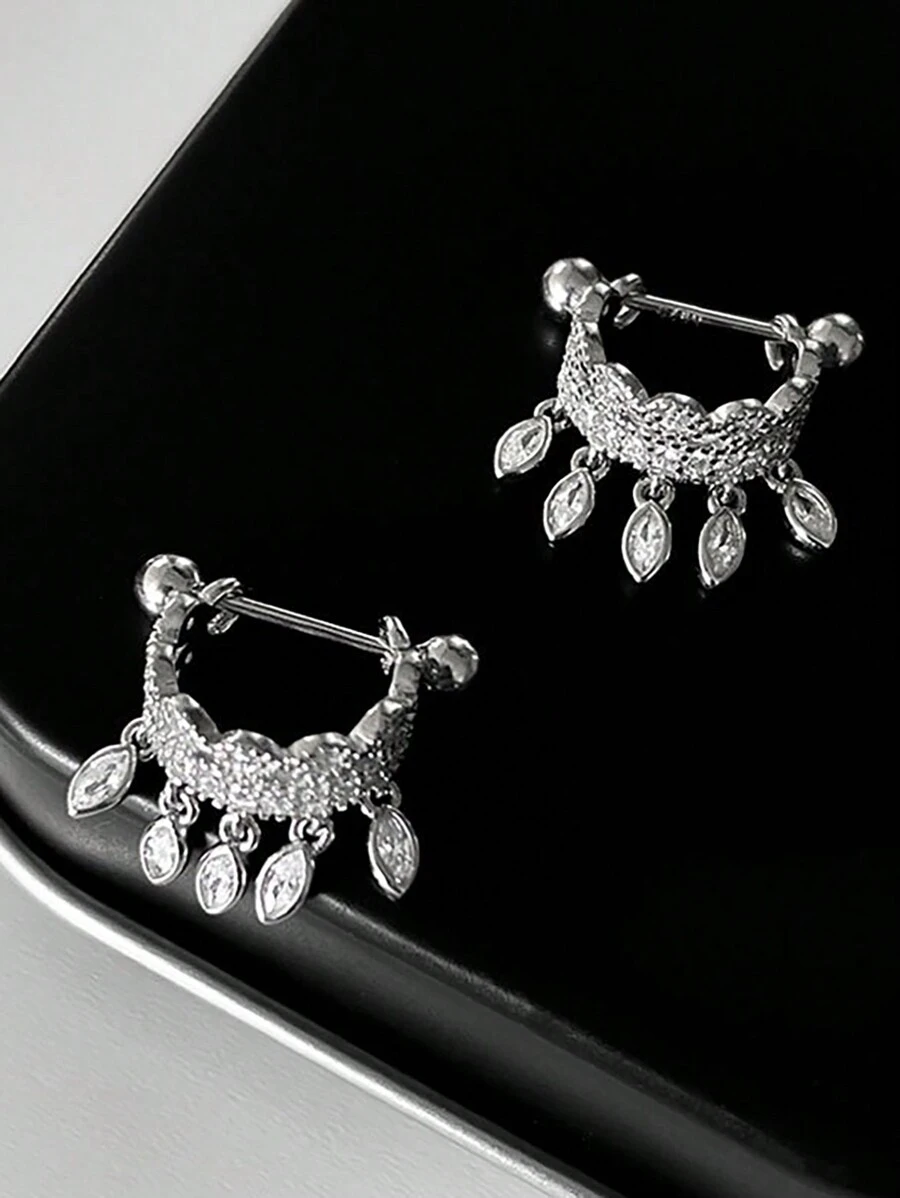 1pair Unique Screw Fasten Tassel Earrings With Exquisite Design, Suitable For Daily Wear And As Gift - Silver - View 1