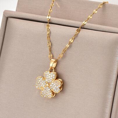 1 st Guldpläterad rostfri kedja & Cubic Zirconia Lucky Clover hänge Halsband, Hipster Vintage Fashionabla Casual Unisex Street Daily Work Party Accessoarer Alla hjärtans dag, Mamma, Mor, Mors dag, Present