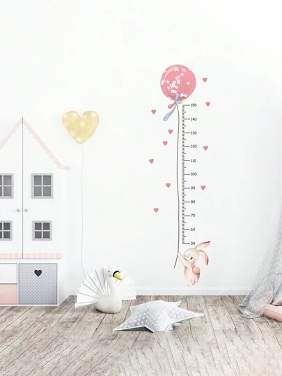 قطعة واحدة ملصق جداري لقياس الطول بشكل أرنب كرتوني وبالون وردي لغرفة الأطفال، ذاتي اللصق، ديكور طقس استحمام الطفل والهدايا العائلية