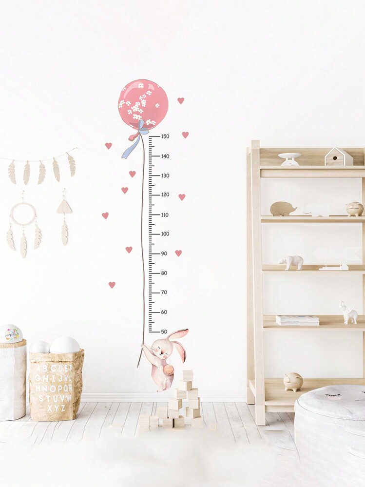 1pc Cartoon Rabbit & Pink Balloon Shaped Height Measurement Wall Sticker For Kids' Room Self-Adhesive Decor Baby Shower Family Decorations Gifts - Pink - View 2
