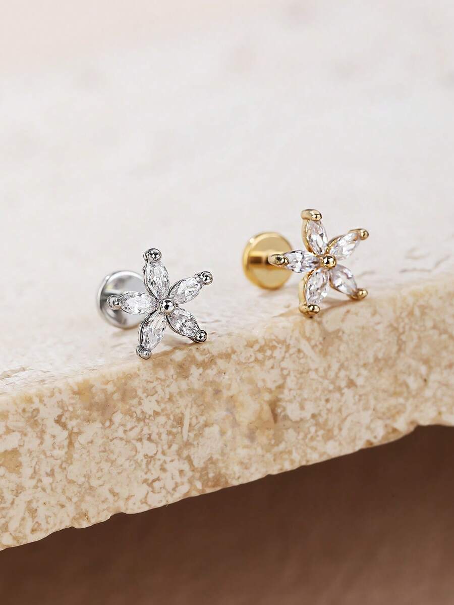1pc Fashionable Titanium Steel & Rhinestone Flower Stud Earring Suitable For Women's Daily Wear Valentines,Mom,Mother,Mother's Day,Gift - Flowers - View 1