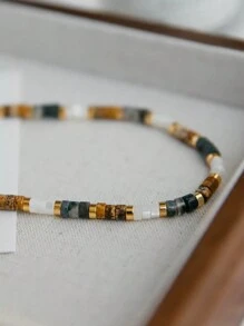 1 件复古欧美小众奢华天然宝石和珠子项链，颈链长度装饰适合情侣日常佩戴