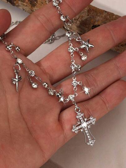钻石镶嵌星形个性十字架流苏吊坠项链，适合女士，高端装饰，哥特式风格，适合 Y2k 时尚，让您闪耀独特