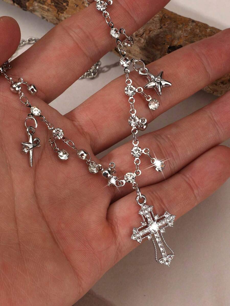 Diamond Inlaid Star Shaped Personalized Cross Tassel Pendant Necklace For Women, High-End Decor, Gothic Style, Suitable For Y2k Fashion, Making You Shiny And Unique - Silver - View 1