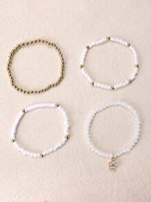 4 Stück/Set Strandstil Damen Weiß & Beige Perlen Armbänder aus weicher Keramik & CCB Charm, geeignet für den Urlaub