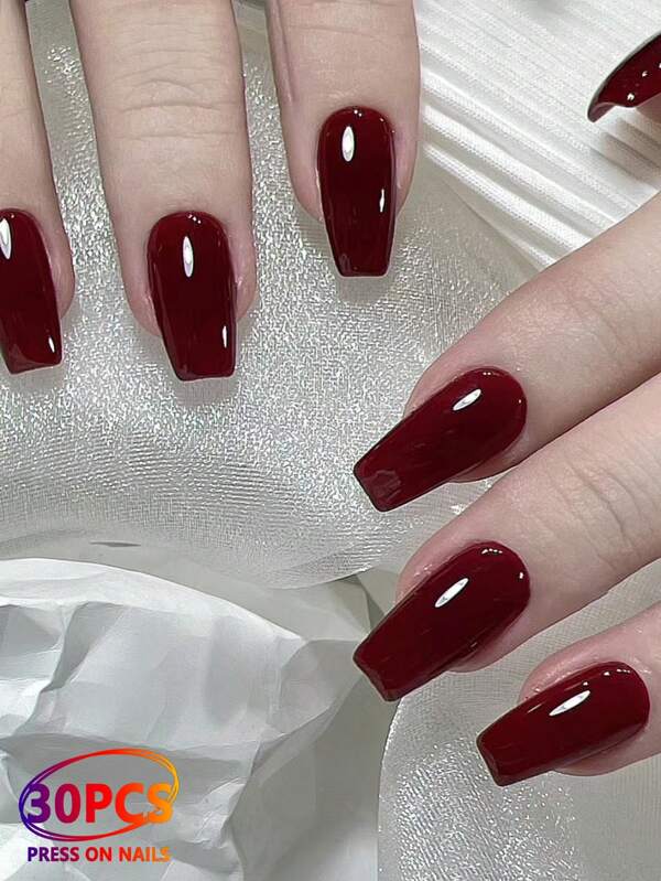 30pcs Short Coffin-Shaped Cherry Red Solid Color Nail Stickers, Includes 1 Nail File And 1 Bottle Of Gel Polish Nail Care Set