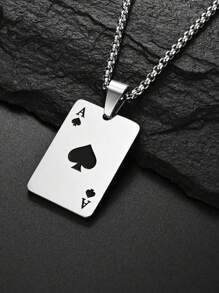 1個創意復古316l鈦鋼方形吊墜項鍊,以撲克主題的黑桃和紅心為設計靈感,可作為毛衣鏈,歐美風情情侶項鍊 - 黑色 - 查看 2