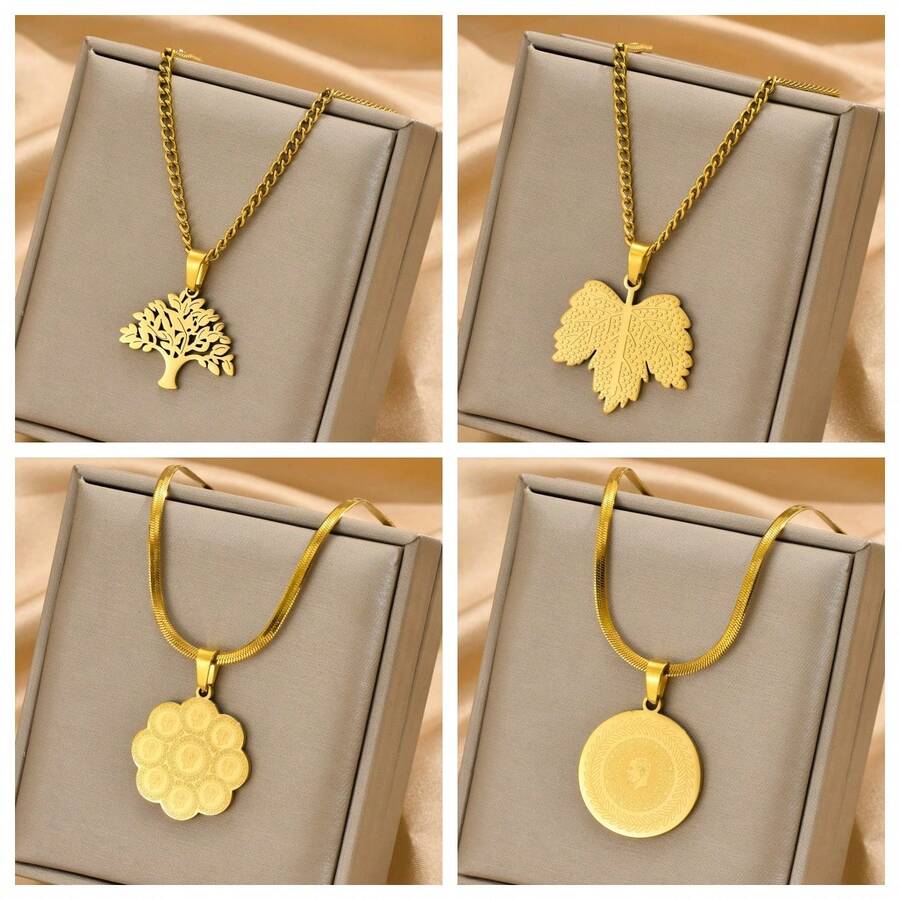 1pc Gold Plated Stainless Steel Thick Chain Maple Leaf, Geometric Design, Punk Style, Streetwear, Daily Wear, Festival Accessory For Men - Yellow Gold - View 1