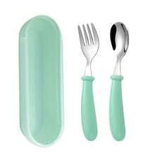 2 Piezas De Cuchara Y Tenedor De Acero Inoxidable Para Bebé Con Caja De Almacenamiento, Kit De Cubiertos Para Niños Portátil Y Para Uso Al Aire Libre - Verde - Ver 2