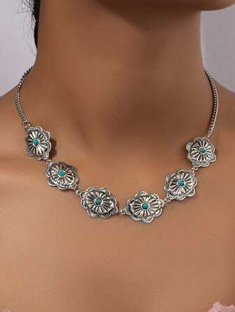 細鏈條橢圓形復古風青綠松石波西米亞時尚項鍊