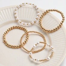 TUANZISP Conjunto de 5 brazaletes de cuentas doradas hechas a mano, regalo personalizado de joyería de moda para mujeres