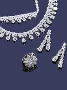 1set Shiny Cubic Zirconia Luxury Bridal Wedding Party Jewelry Set For Women