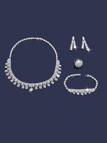 1set Shiny Cubic Zirconia Luxury Bridal Wedding Party Jewelry Set For Women