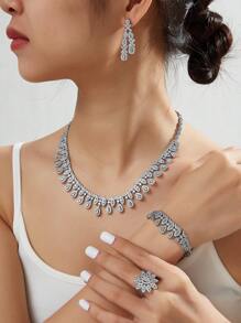 1set Shiny Cubic Zirconia Luxury Bridal Wedding Party Jewelry Set For Women