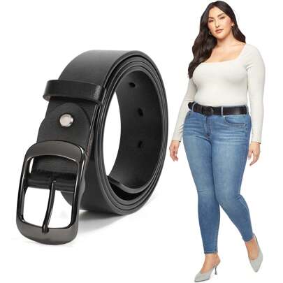 1 件大码女式纯黑色 PU 皮带，带简单扣，适合各种裤子秋季、秋季、万圣节