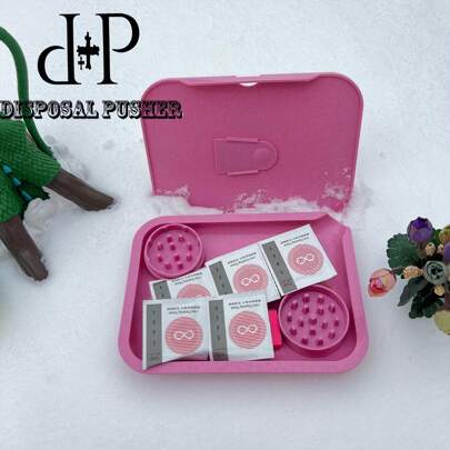 DP DISPOSAL PUSHER Disposal Pusher Pink Ashtray Smoking Accessories Rolling Plate Set, Including 2-Layer Pink Grinder, 5pcs Cleaning Tissues, 5.8"X*7.8" Double Layer Tray, Gift For Smoker
