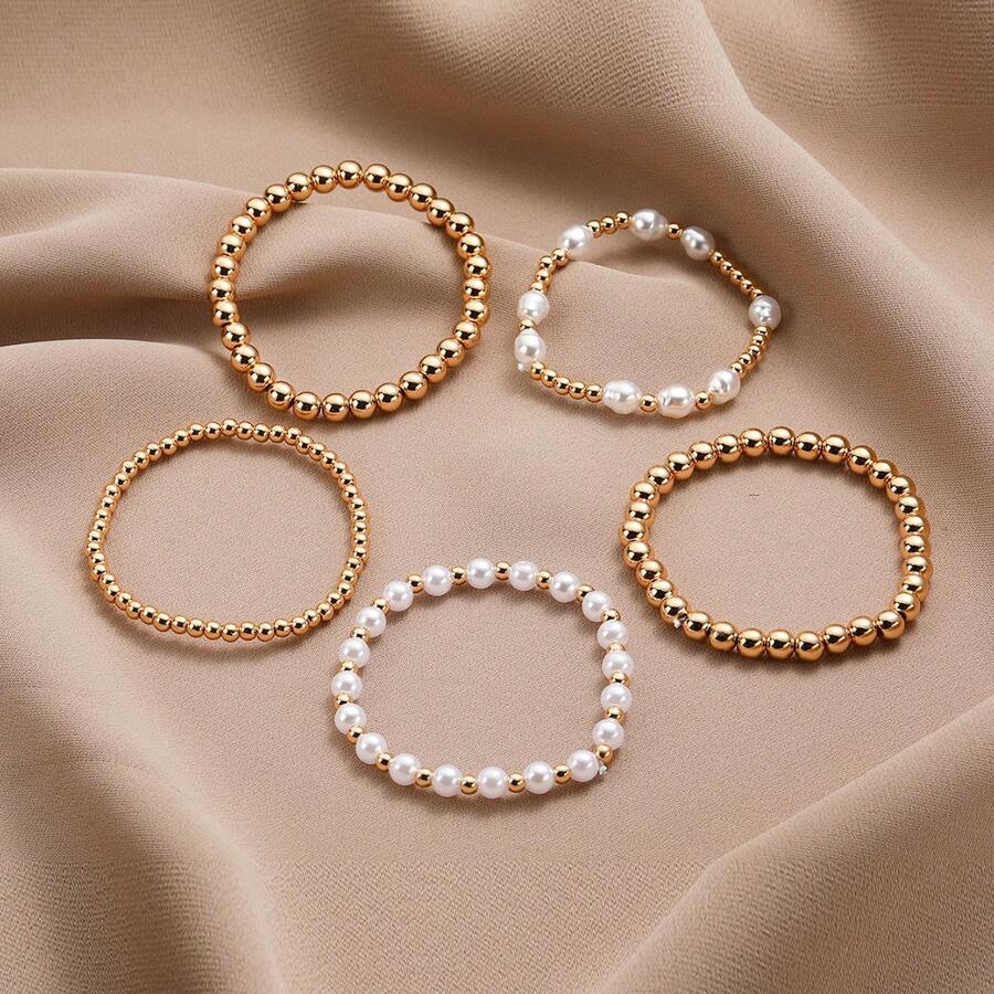 TUANZISP Conjunto de 5 brazaletes de cuentas doradas hechas a mano, regalo personalizado de joyería de moda para mujeres