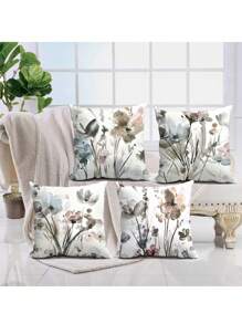 4pcs Ink-And-Wash Painting Style Floral Print Pillowcase (No Insert), Spring/Summer Country-Style Square Pillow Cover For Living Room/Sofa/Bedroom/Home Decorative Lumbar Cushion Cover, All-Seasons Universal Pillow Case