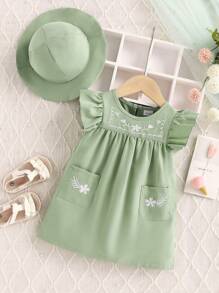 Đứa bé gái Mùa hè giản dị Phong cách Thêu hoa Trang trí bỏ túi Thiết kế Đầm Và Mũ Bộ - màu xanh lá - Xem 1