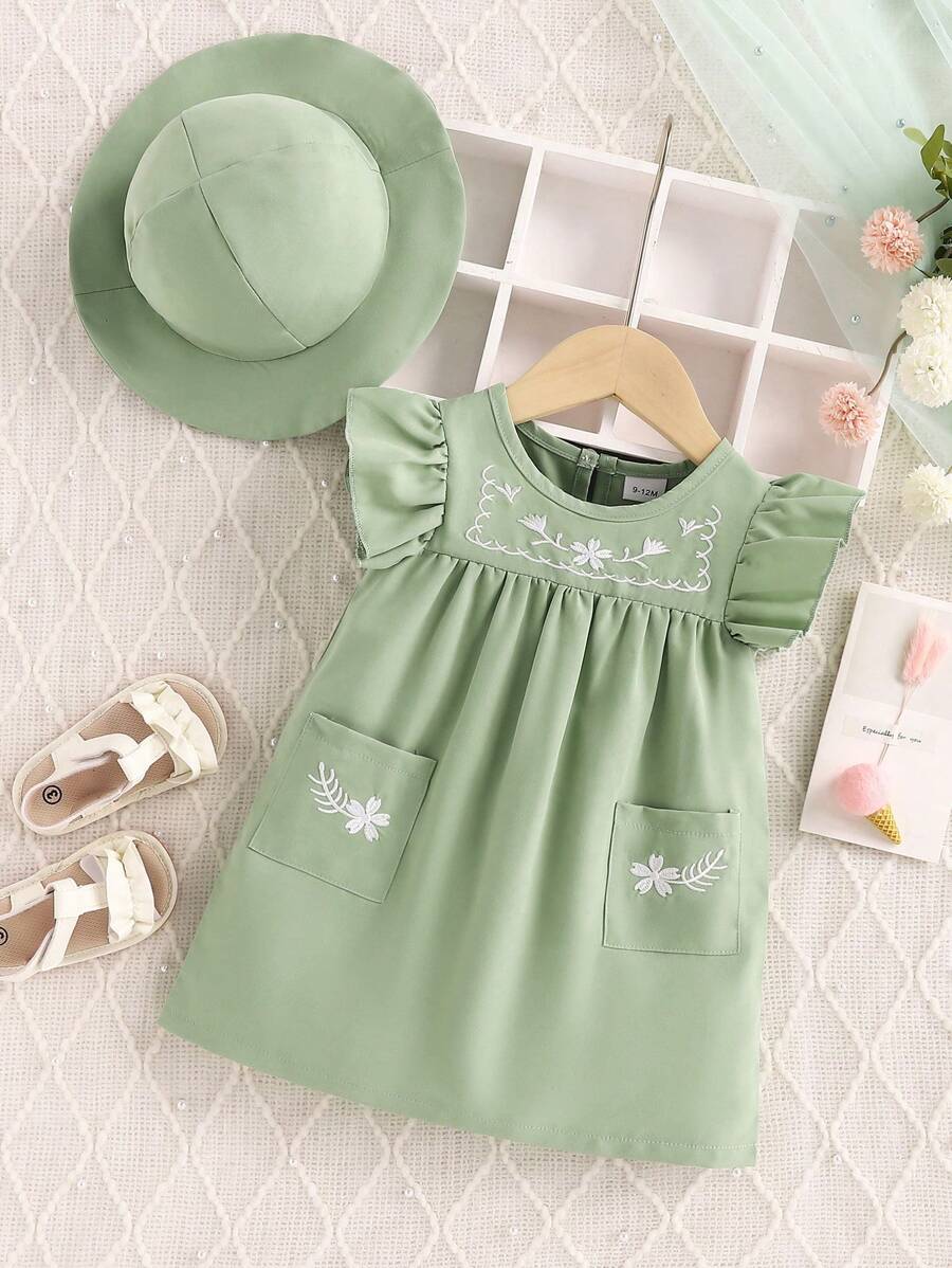 Đứa bé gái Mùa hè giản dị Phong cách Thêu hoa Trang trí bỏ túi Thiết kế Đầm Và Mũ Bộ - màu xanh lá - Xem 1