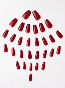 30 pièces d'autocollants pour ongles de forme cercueil courts de couleur rouge cerise unie, comprenant 1 lime à ongles et 1 bouteille de vernis gel. Ensemble de soins des ongles - Rouge foncé - Voir 5