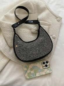 水晶镶嵌单肩腋下包 - 黑色 - 查看 10