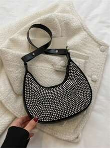 水晶镶嵌单肩腋下包 - 黑色 - 查看 7