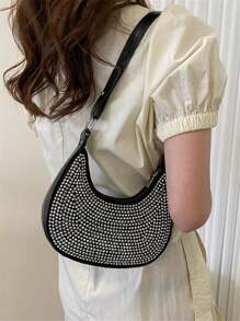 水晶镶嵌单肩腋下包 - 黑色 - 查看 4