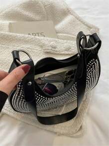 水晶镶嵌单肩腋下包 - 黑色 - 查看 8