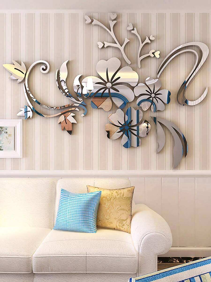 1 bộ Màu bạc Mô hình hoa Gương Dán tường ( 60*40CM ) - Bạc - Xem 1