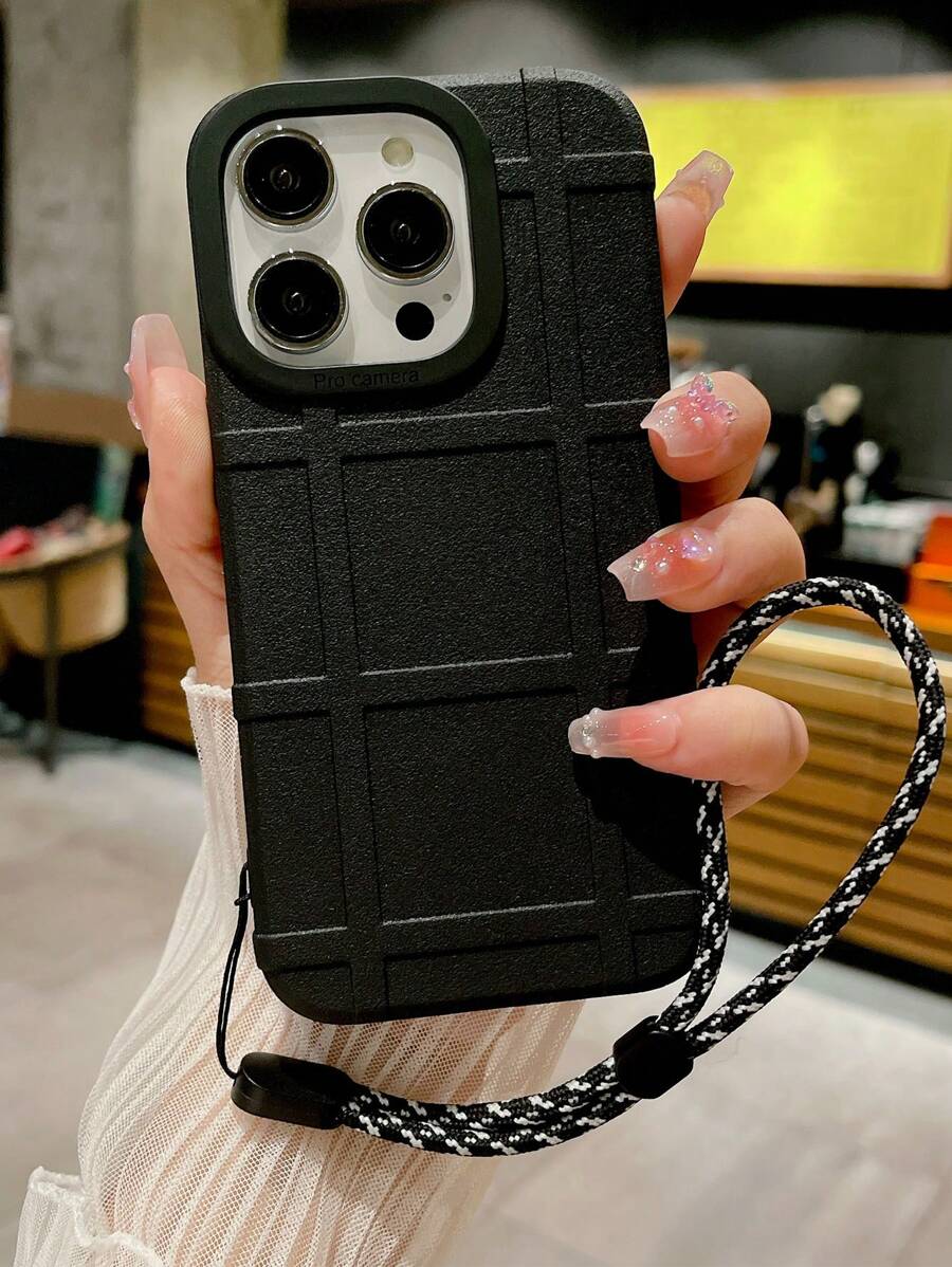 黑色升級版格紋tpu防震手機殼,帶大孔與可調節黑白掛繩 - 黑色 - 查看 1