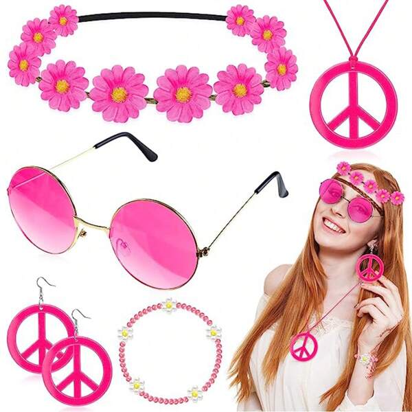 6 Stücke Hippie Kostüm Zubehör Set, 60er 70er Jahre Hippy Orange Ankleidungszubehör Frauenbedarf, Schicke Brillen, Peace Zeichen Halskette, Ohrringe, Armband Und Hippie Headband